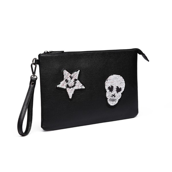LT6822S-MISS LULU MISS LULU PU LEATHER SEQUIN SKULL CLUTCH BAG BLACK